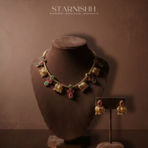 Traditional Temple Necklace Set with Green & Pink Stones and Matching Jhumka Earrings | Ethnic Jewelry for Women