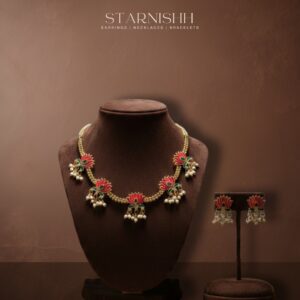 Traditional Lotus Design Gold-Plated Necklace Set with Red & Green Enamel and Pearl Drops | Ethnic Jewelry for Women