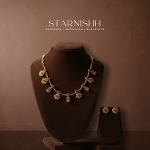 Traditional  Floral Necklace and Earrings Set with Ruby-Red Accents – Ethnic Temple Jewelry for Women and Girls – Ideal for Weddings, Festivals, and Special Occasions